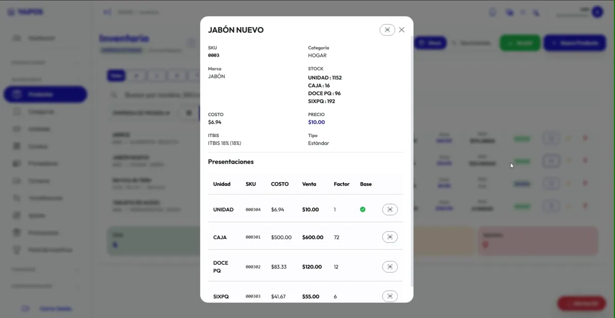 Ficha del jabón con el stock desglosado por caja, paquete, six pack y unidad